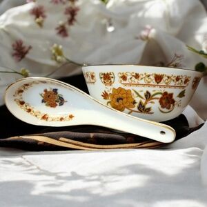 Vtg Tatung Gold Trimmed Porcelain Rice Bowl/Spoon Gold Trim